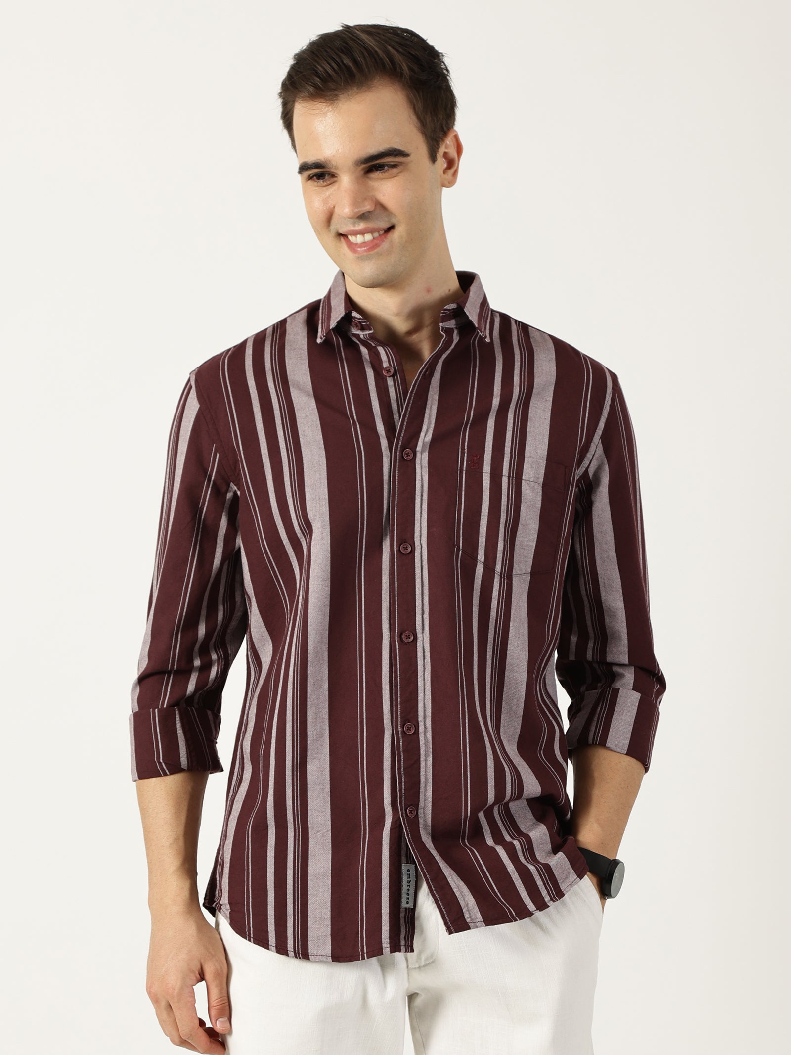 Premium Oxford Maroon Striped Shirt (Tailored Fit)