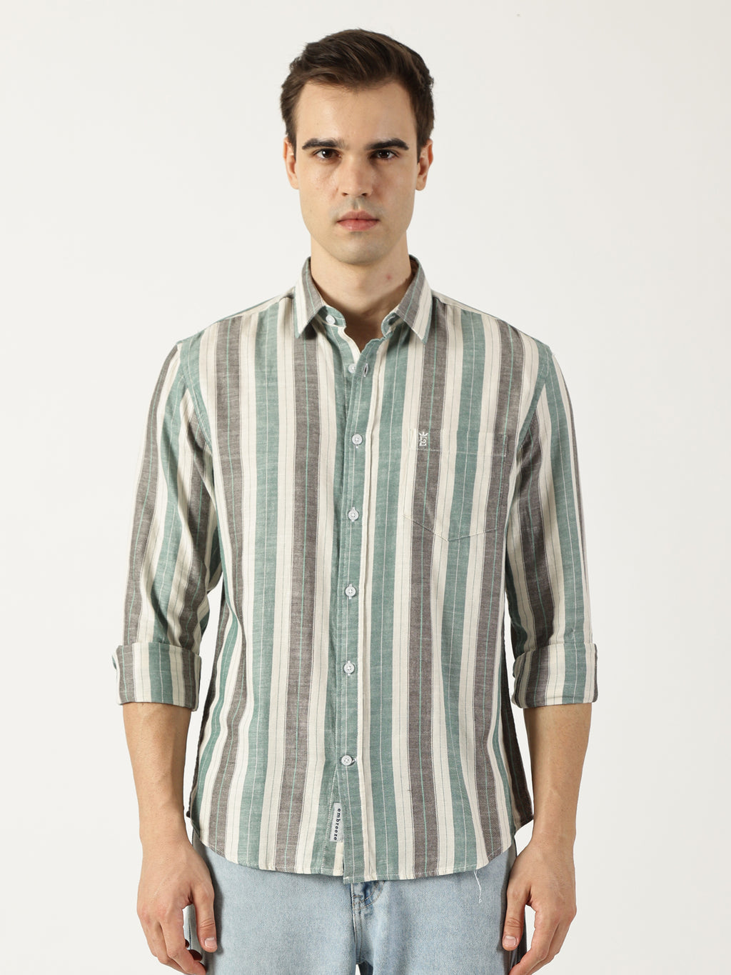 Premium Twill Green Striped Shirt (Tailored Fit)
