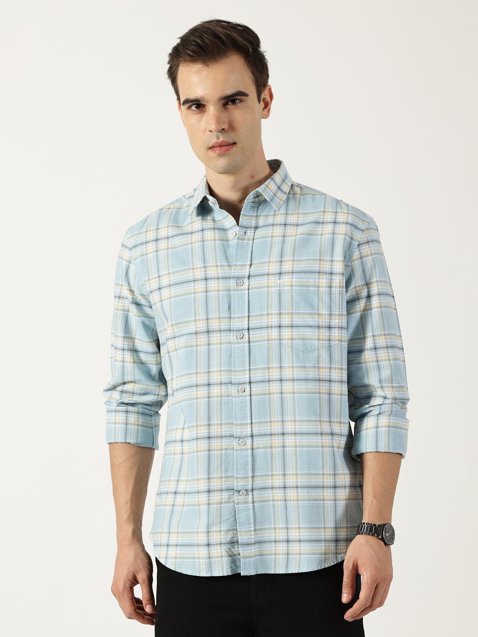 Premium Oxford Light Blue Check Shirt (Tailored Fit)