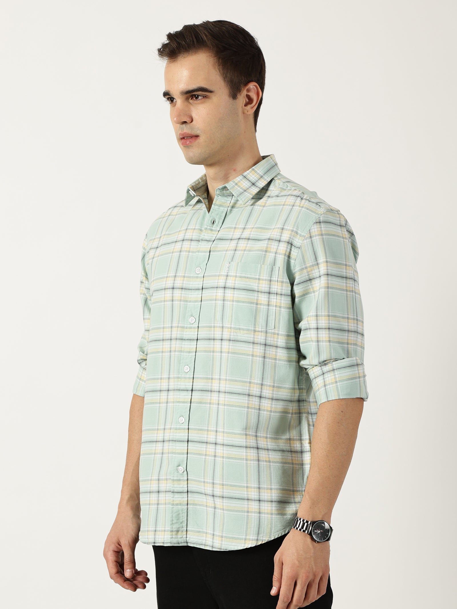 Premium Oxford Light Green Check Shirt (Tailored Fit)