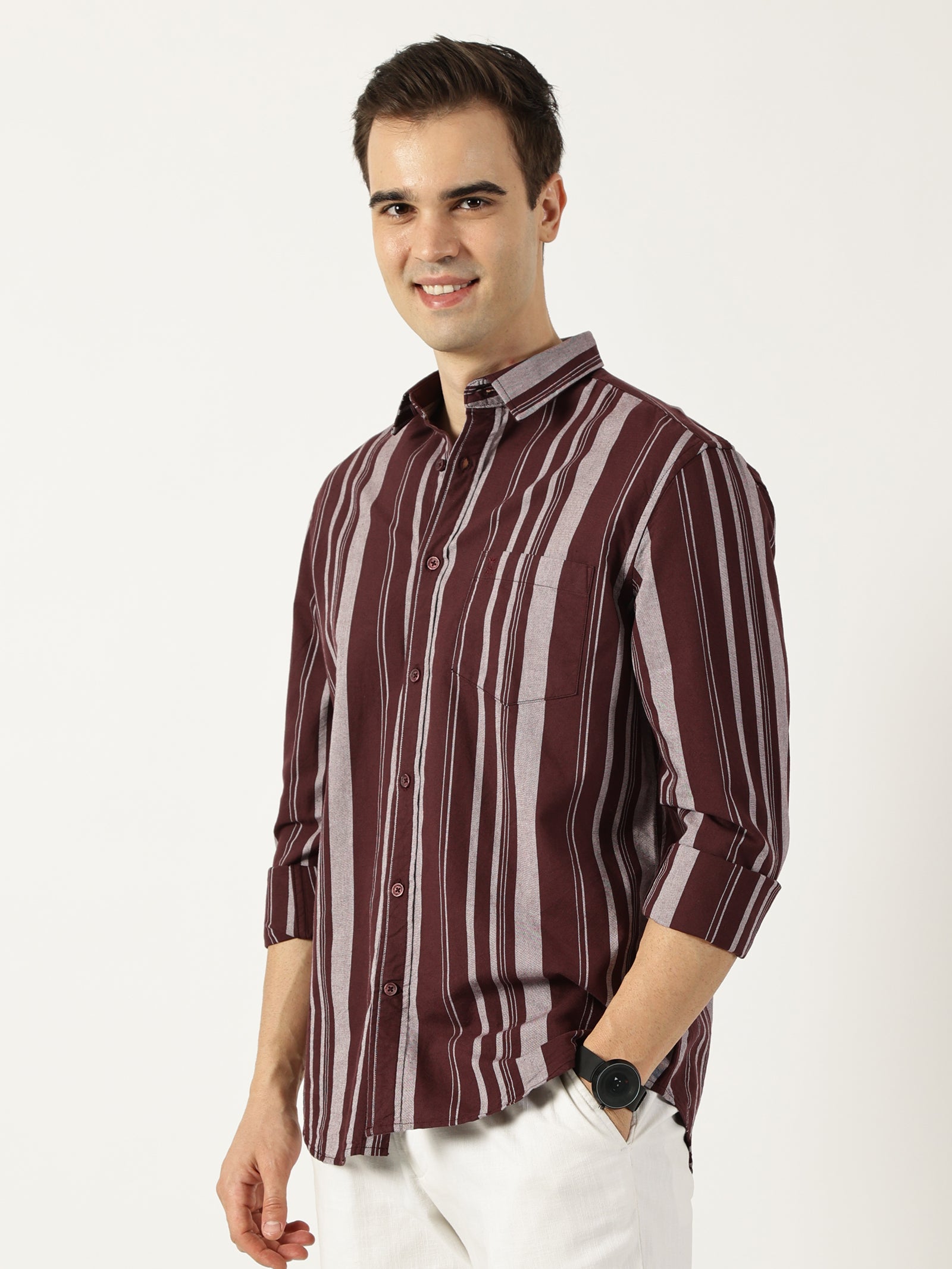 Premium Oxford Maroon Striped Shirt (Tailored Fit)