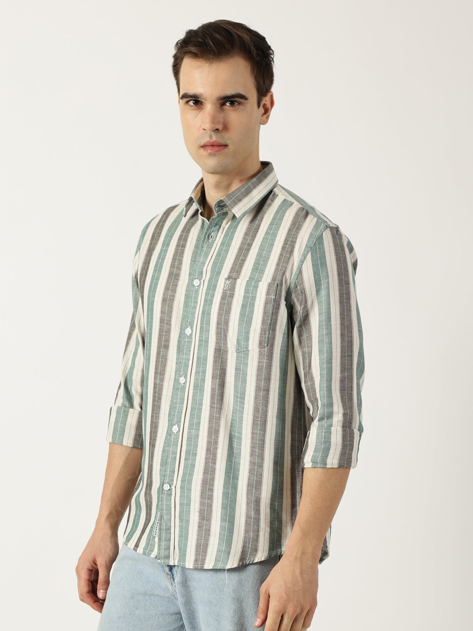 Premium Twill Green Striped Shirt (Tailored Fit)