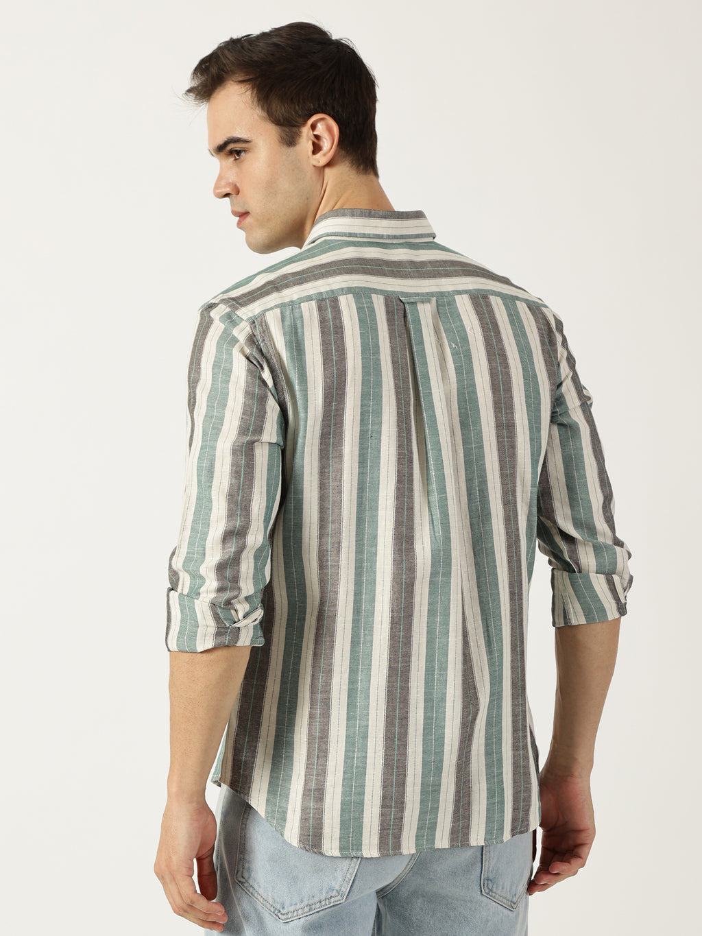 Premium Twill Green Striped Shirt (Tailored Fit)