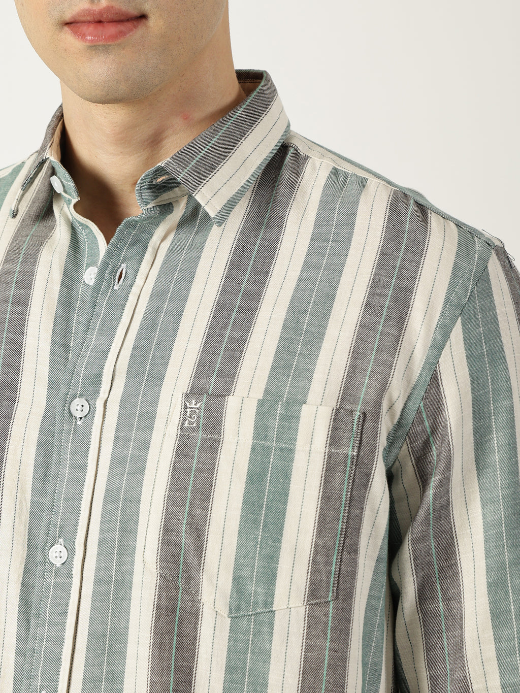 Premium Twill Green Striped Shirt (Tailored Fit)
