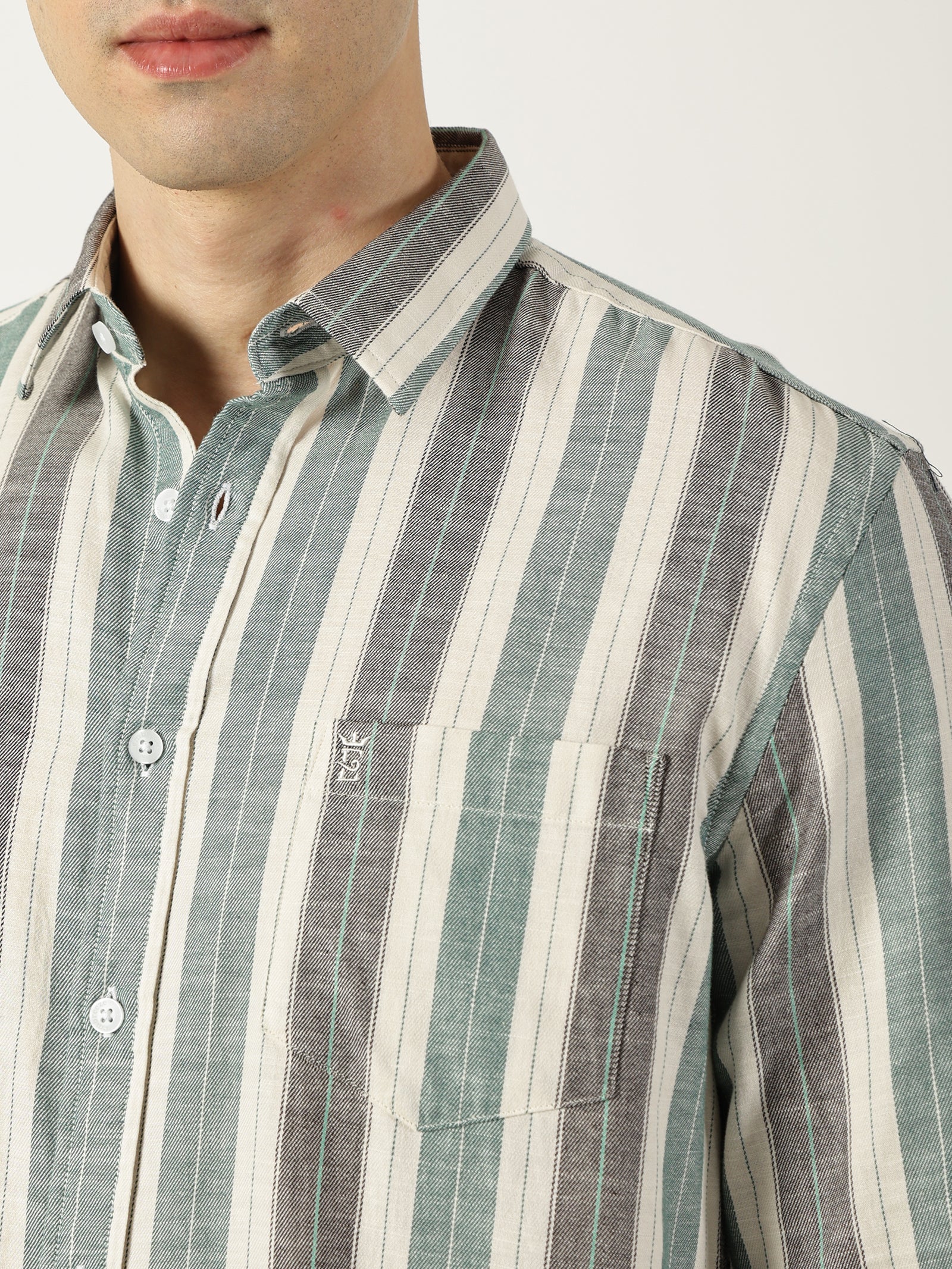 Premium Twill Green Striped Shirt (Tailored Fit)