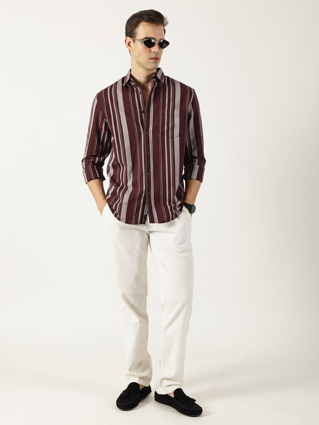 Premium Oxford Maroon Striped Shirt (Tailored Fit)