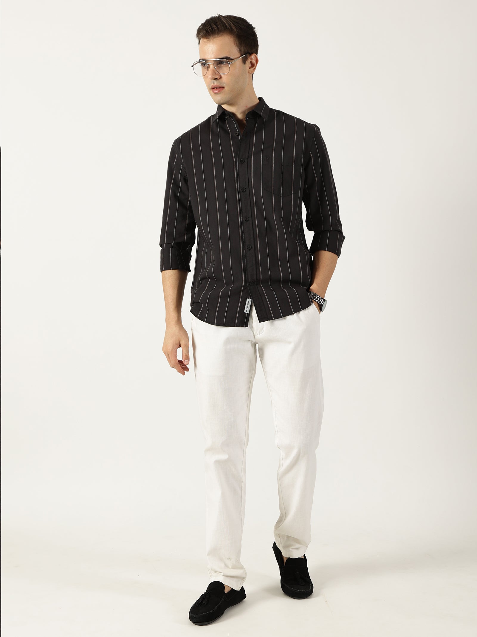 Premium Oxford Black Striped Shirt (Tailored Fit)