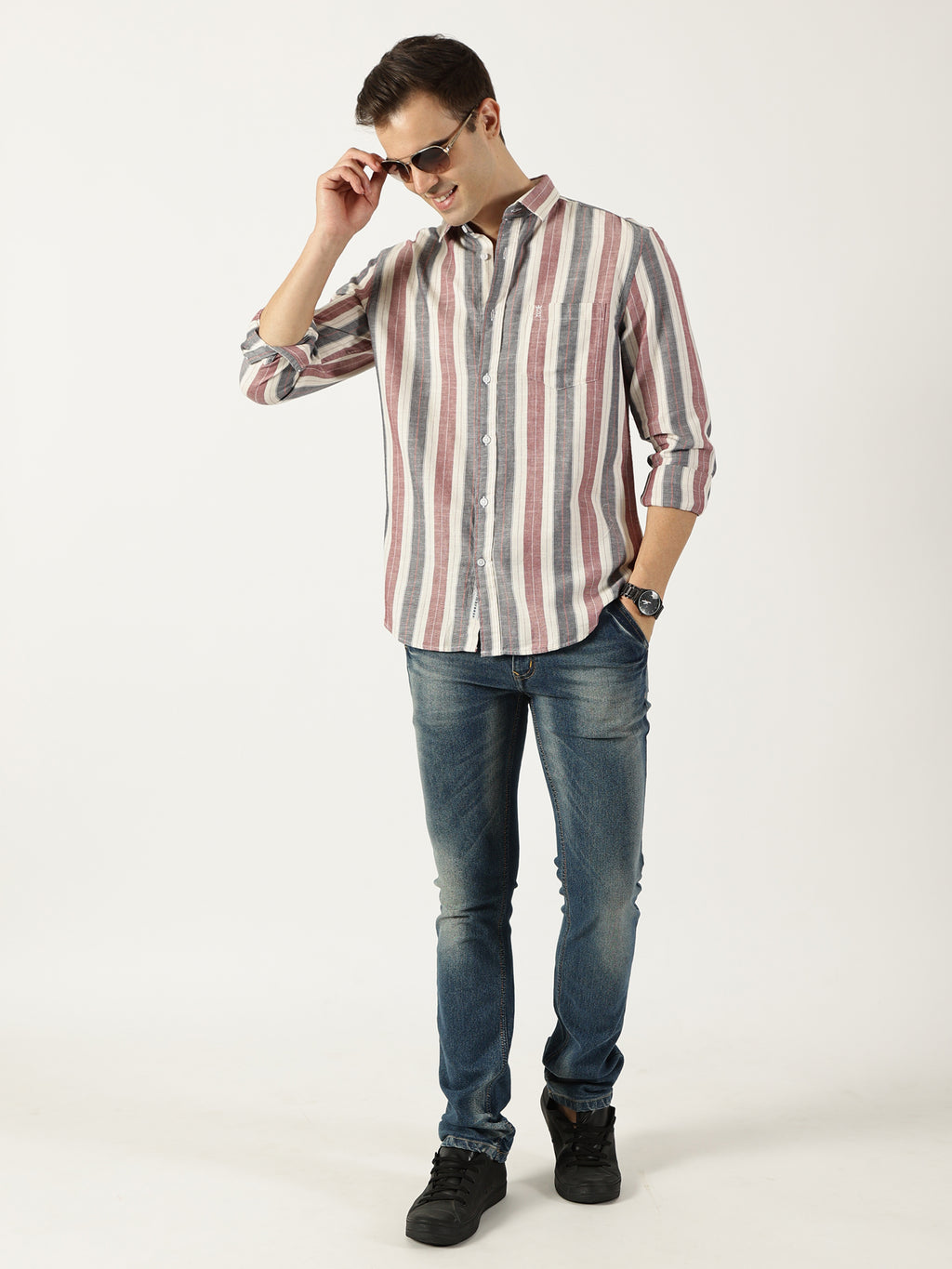 Premium Twill Red Striped Shirt (Tailored Fit)