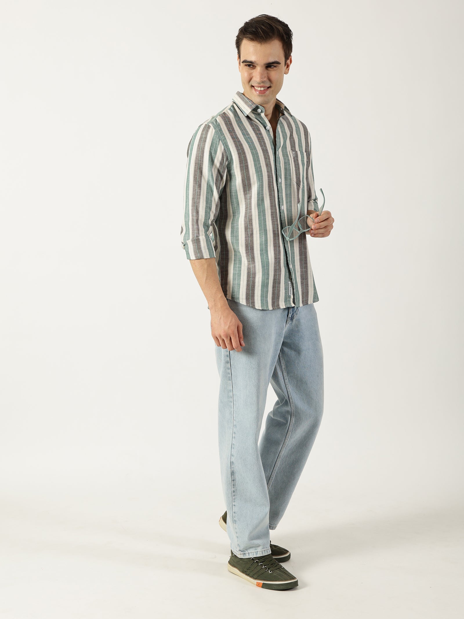 Premium Twill Green Striped Shirt (Tailored Fit)